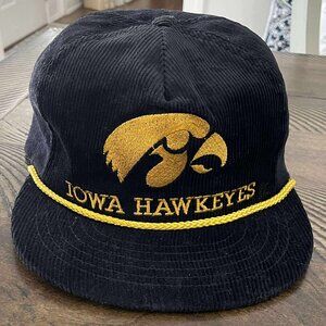 Vintage 80s Leisure Time Iowa Hawkeyes Black Corduroy Trucker Adjustable Hat Cap